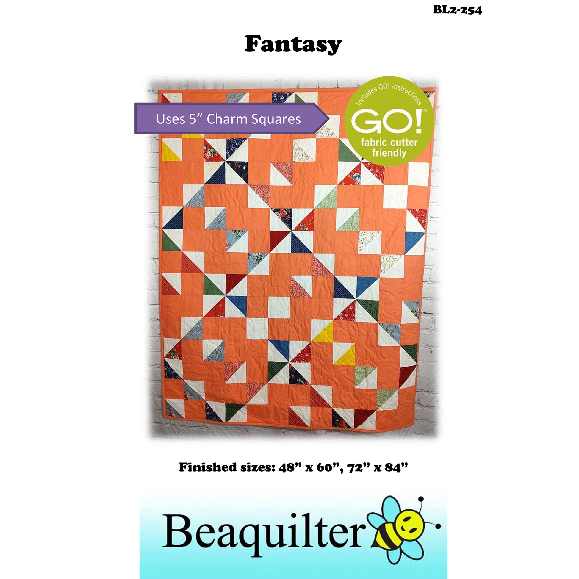 Charming quilt in peach with diamonds and squares design with note about this pattern being Accuquilt GO! fabric cutter friendly and that it uses 5-inch charm squares.