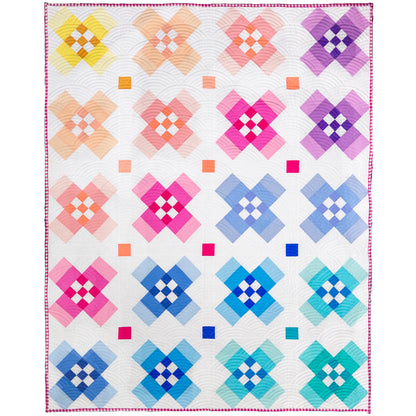 Intermediate quilt pattern with modern geometric vibe, featuring color gradation from light to dark. Ideal for fat quarters, precuts, and scraps.