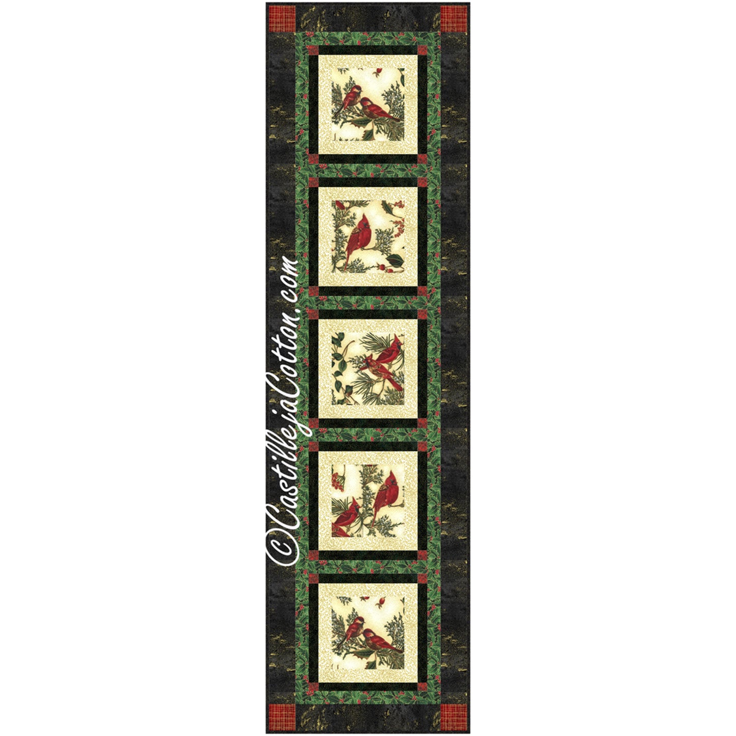 Quilted Christmas-themed table runner featuring five cardinal prints bordered by gold, dark green, and then green and red ivy print with darker print bordering entire table runner.  Festive colors for any holiday or winter gathering.