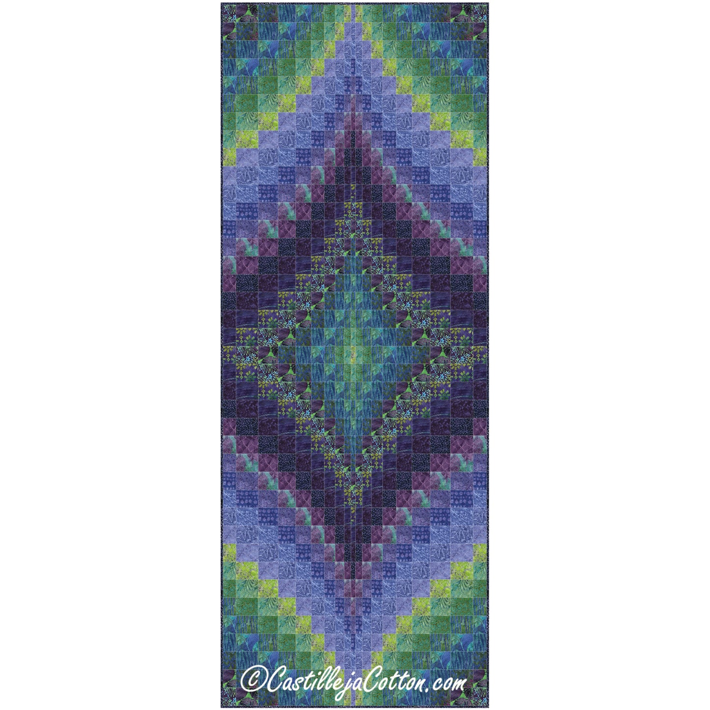Colorful purples quilted table runner or wall hanging with a central star or Bargello design.