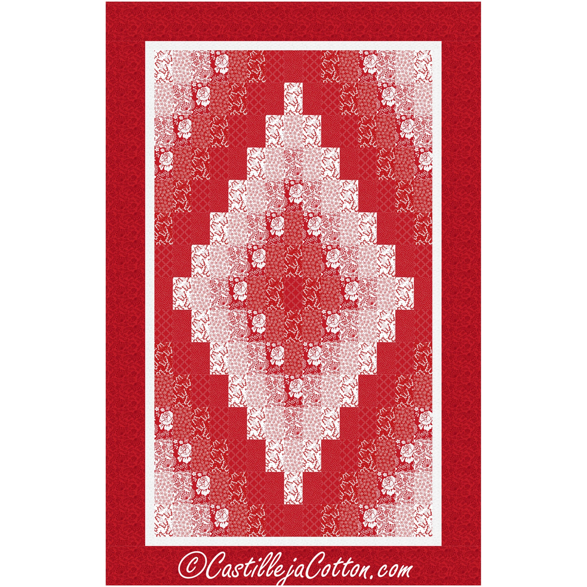 A vibrant red and white quilt showcasing a beautiful diamond pattern in a Bargello design.