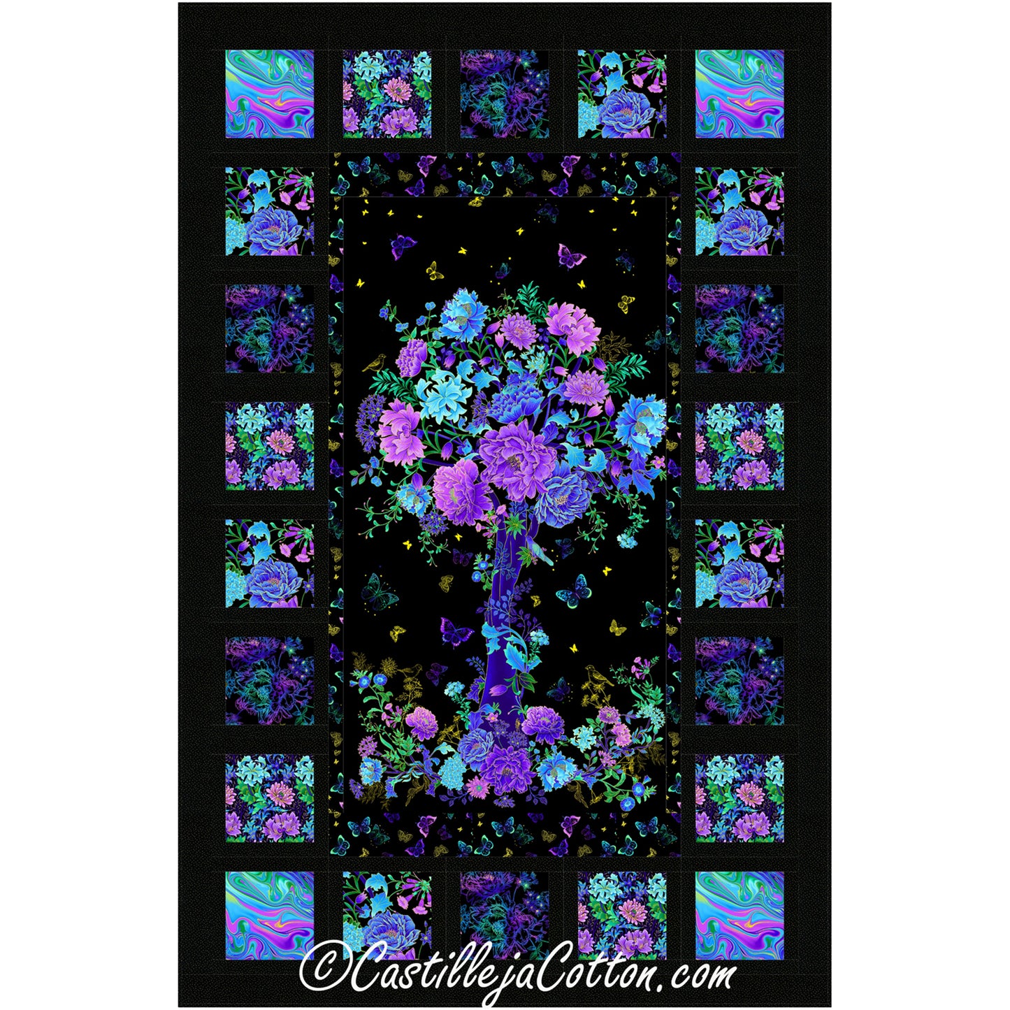 Elegant quilt in purple and blue with a floral tree adorned with butterflies with black background color.