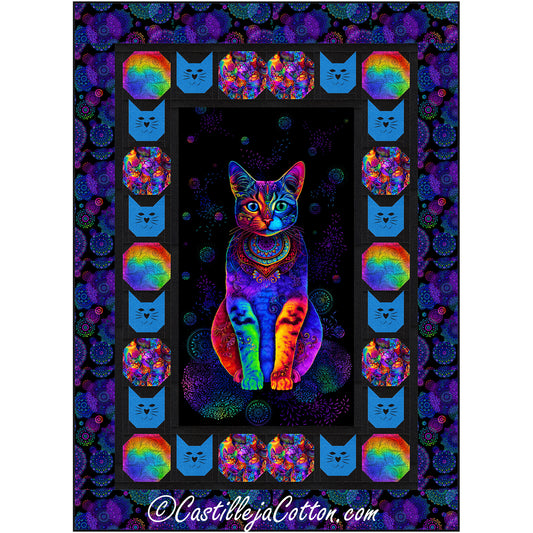 Neon cat quilt with cat heads and colorful balls border gives a bit of a 70s feel.