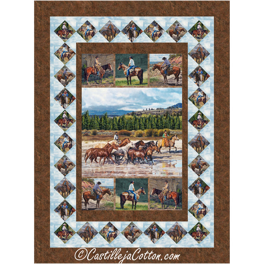 Horse lover's colorful quilt featuring horses and cowboys in a scenic design.