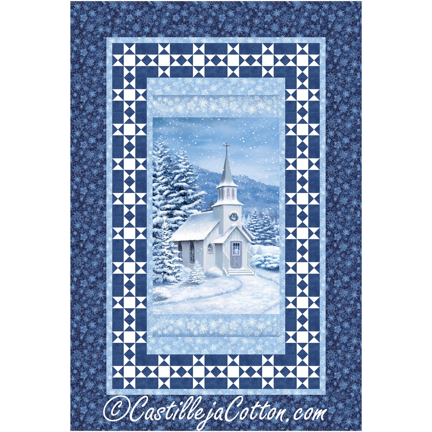 Blue and white quilt with snowy church scene with a fun snowflake border.