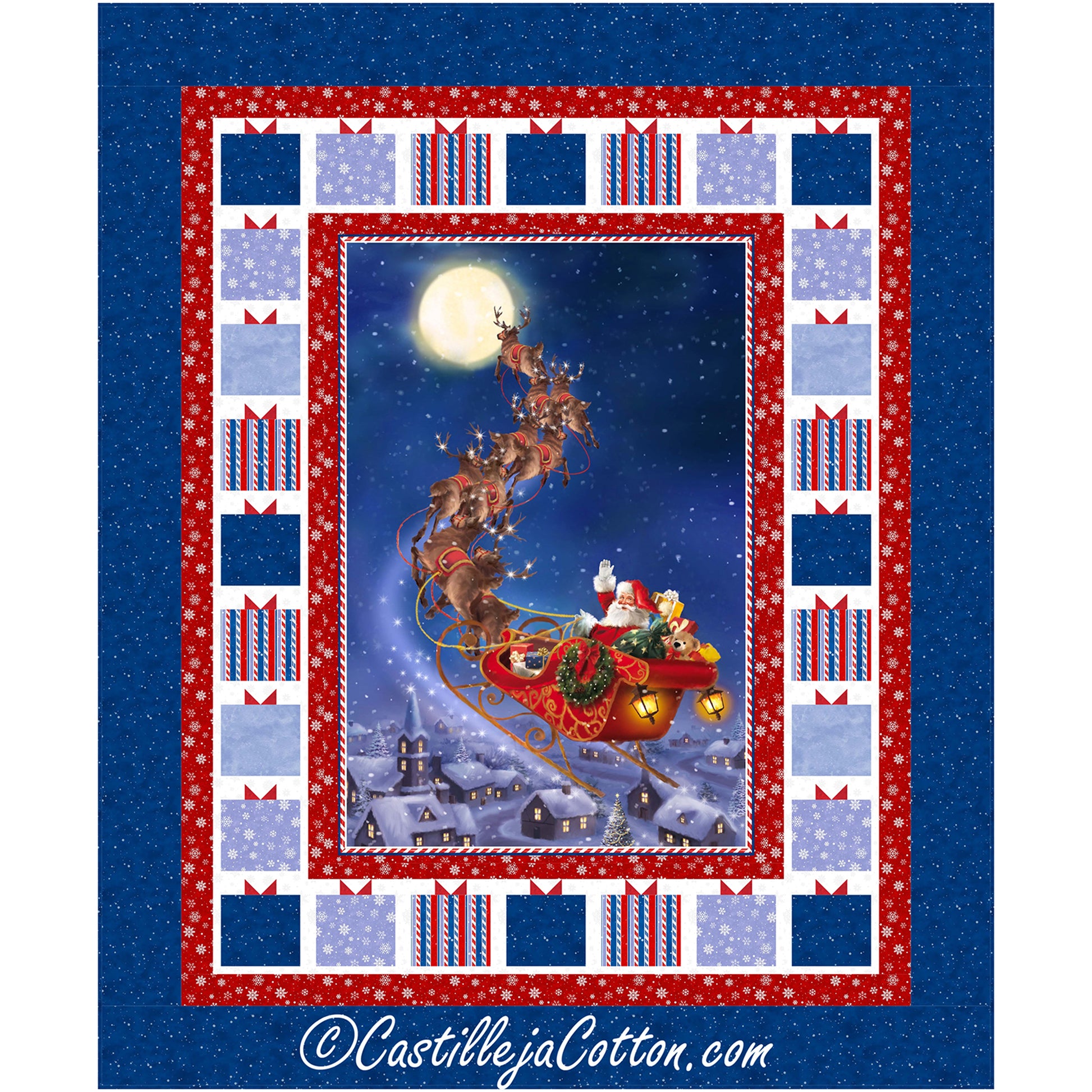 A festive quilt showcasing Santa Claus and his sleigh with a border of presents. Perfect for holiday cheer.