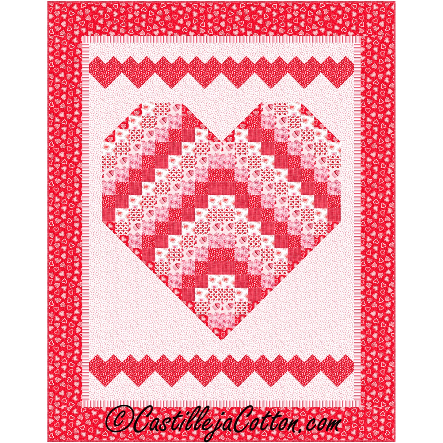 Patchwork red heart quilt with white border, perfect for cozying up on chilly nights.