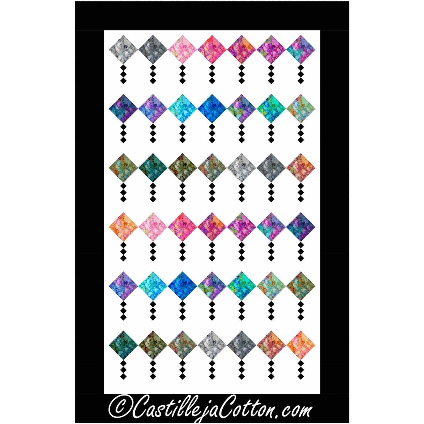 Colorful quilt with colorful kites: diamonds with smaller diamonds below them for tails.  Perfect for adding a pop of color and texture to any room.