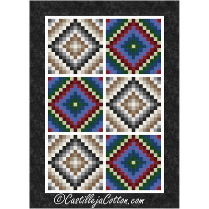 Six diamond patterned blocks with three on either size of quilt with two different blocks variegated to be shown three times each. In shades of grey, brown, red, blue, and green.