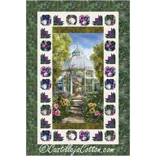 A colorful quilt pattern displaying a serene garden scene panel with vibrant flowers.