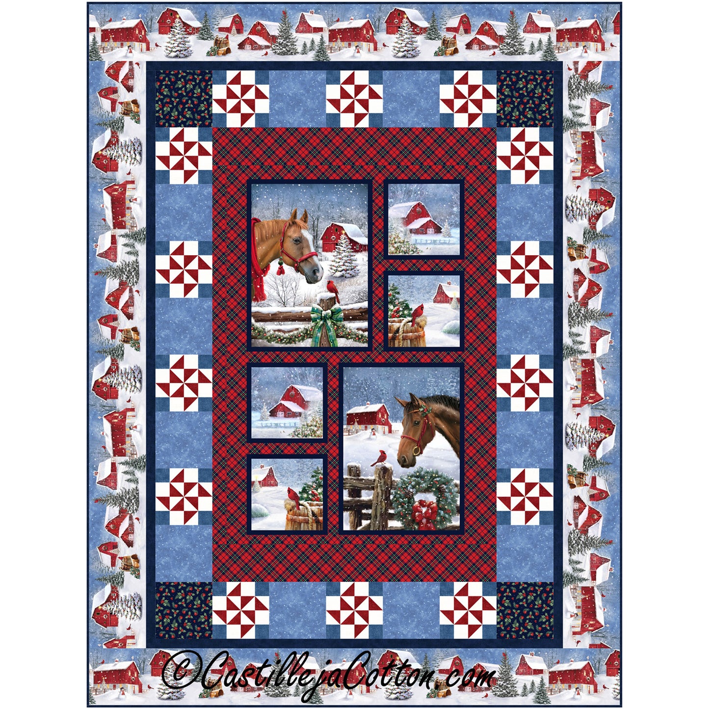 Festive quilt adorned with horses, snow, barns, wreaths and evergreen trees coated in snow with border of  peppermint candy, ideal for winter.