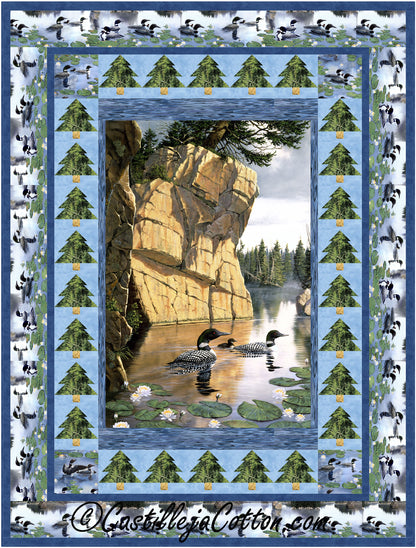 A quilt featuring two ducks swimming in water, showcasing a serene and nature-inspired design.
