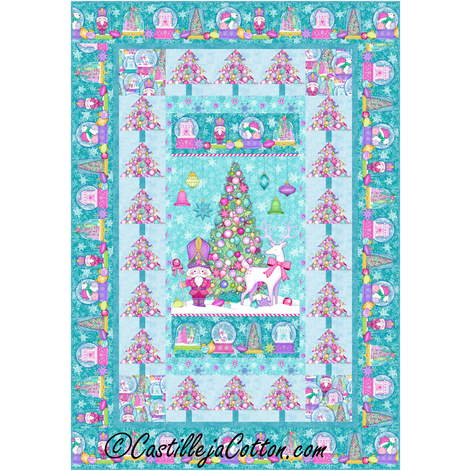 Festive quilt in shades of blue featuring a Christmas tree, snowman, and reindeer for seasonal charm.