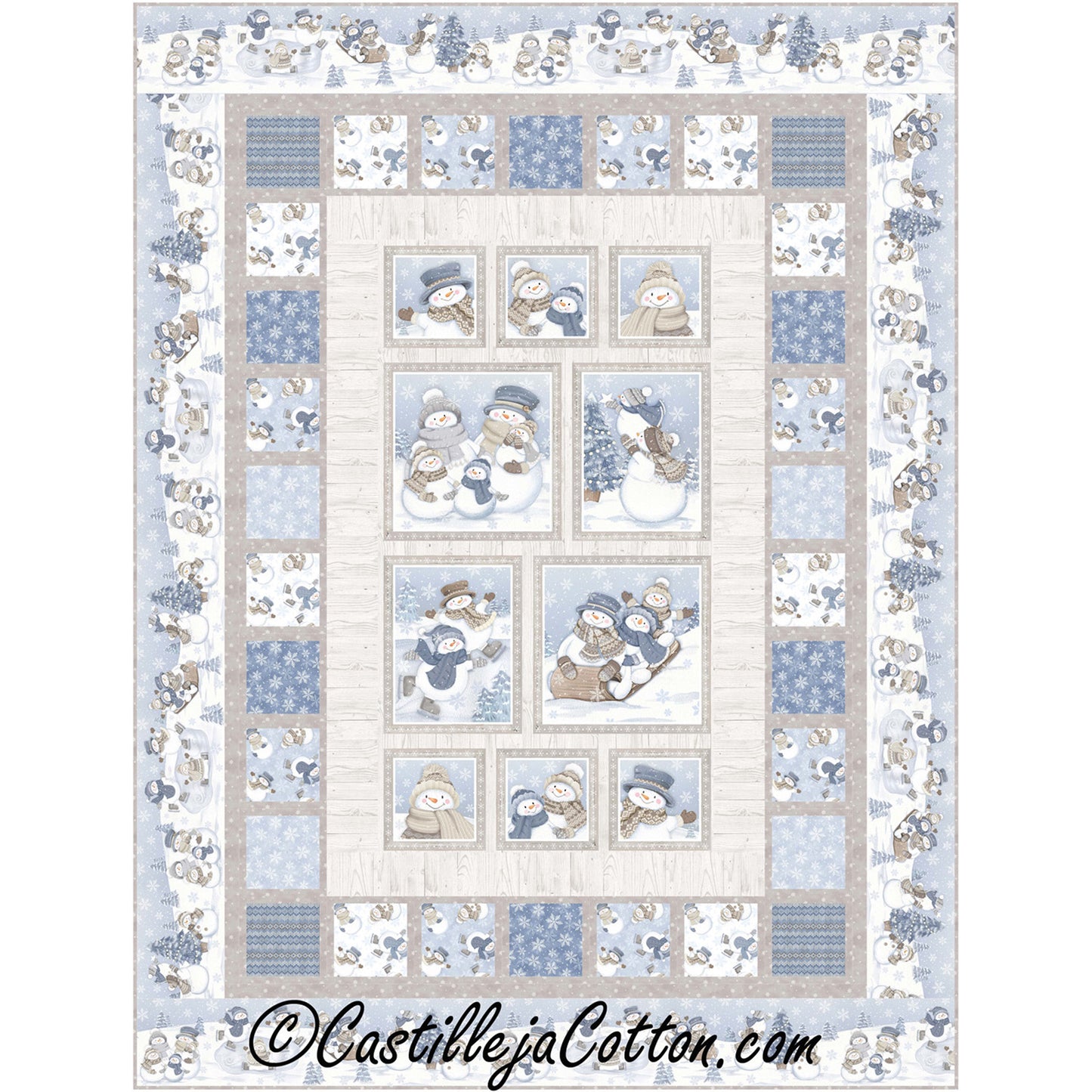 Winter fun quilt adorned with charming snowmen family enjoying outdoor activities