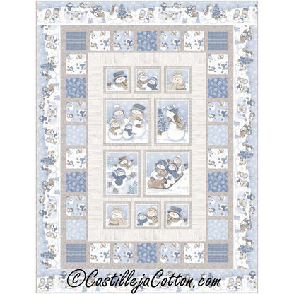 Winter fun quilt adorned with charming snowmen family enjoying outdoor activities