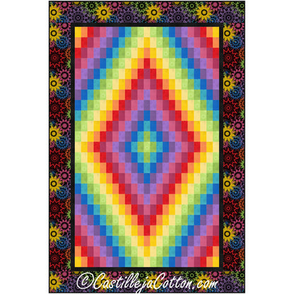 Colorful rainbow colored quilt in Bargello design of diamond pattern and flowery border.