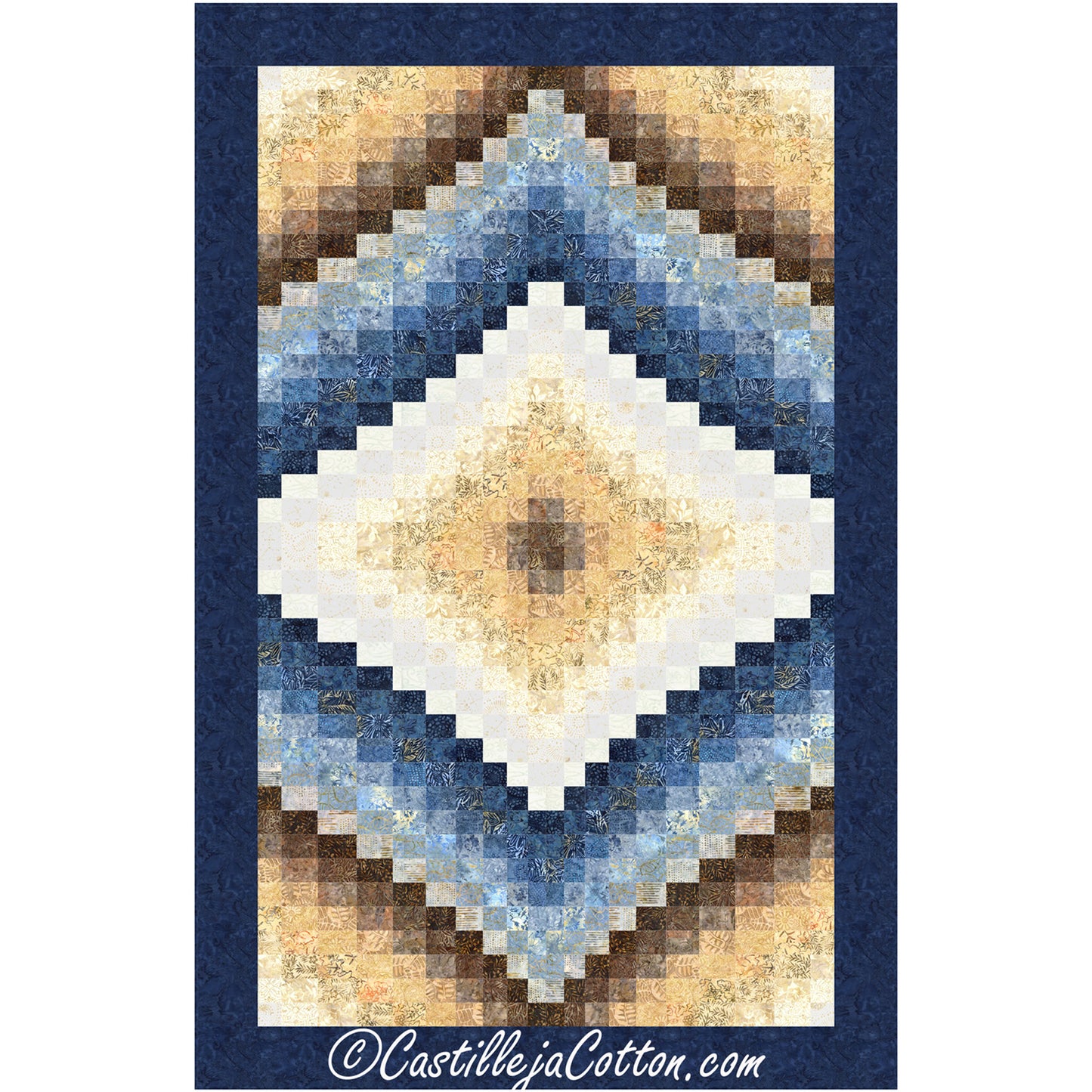 Beautiful quilt showcasing a beautiful design in blue, white, and brown colors.