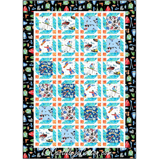 Winter sports themed quilt with small blocks of images from different winter sports. Border includes images of winter sports equipment.