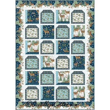 Woodsy Quilt featuring deer and trees and birds, perfect for nature lovers. Alternating birds and deer fabric with snow and evergreens.