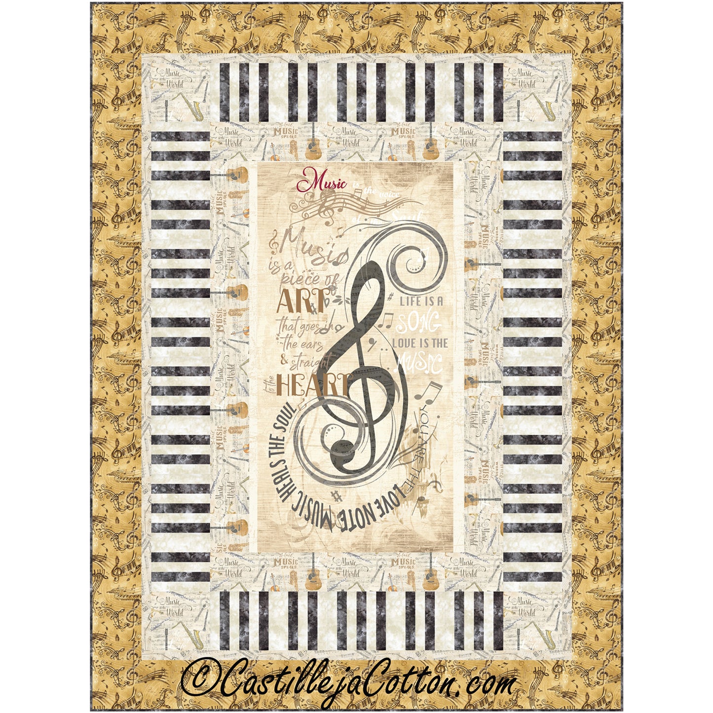 A musical quilt adorned with notes and a treble clef, showcasing the harmonious blend of music and artistry.