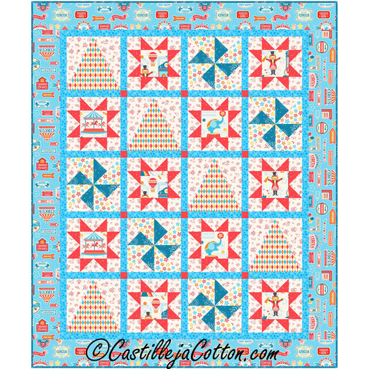 Sampler quilt with three blocks of tall triangle, star with circus image inside and pinwheels set up in a patterns of four by five down. Bright colors of blues and reds.