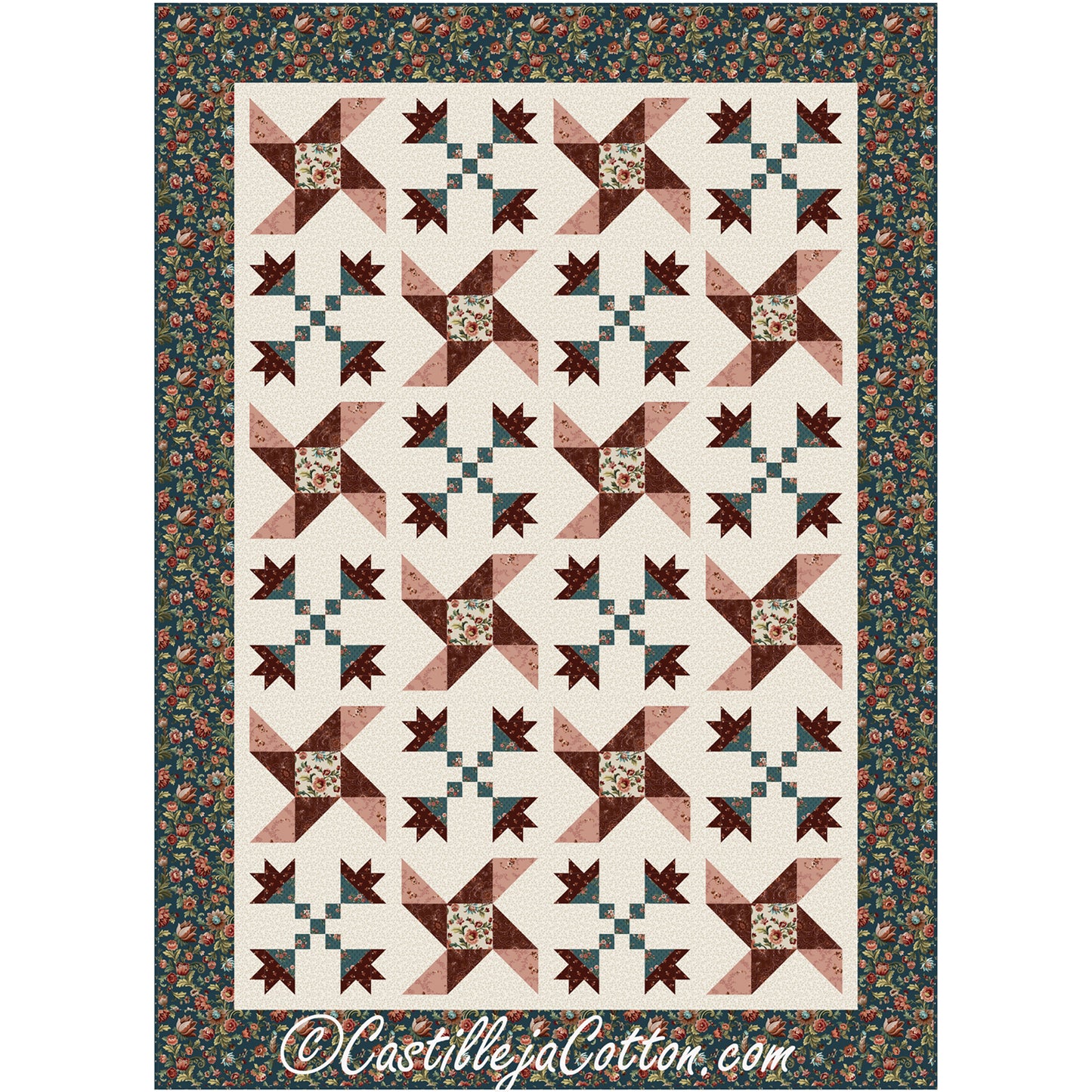 Beautiful quilt in mostly brown and pink with denim blue and cream with a flowers and pinwheel design.