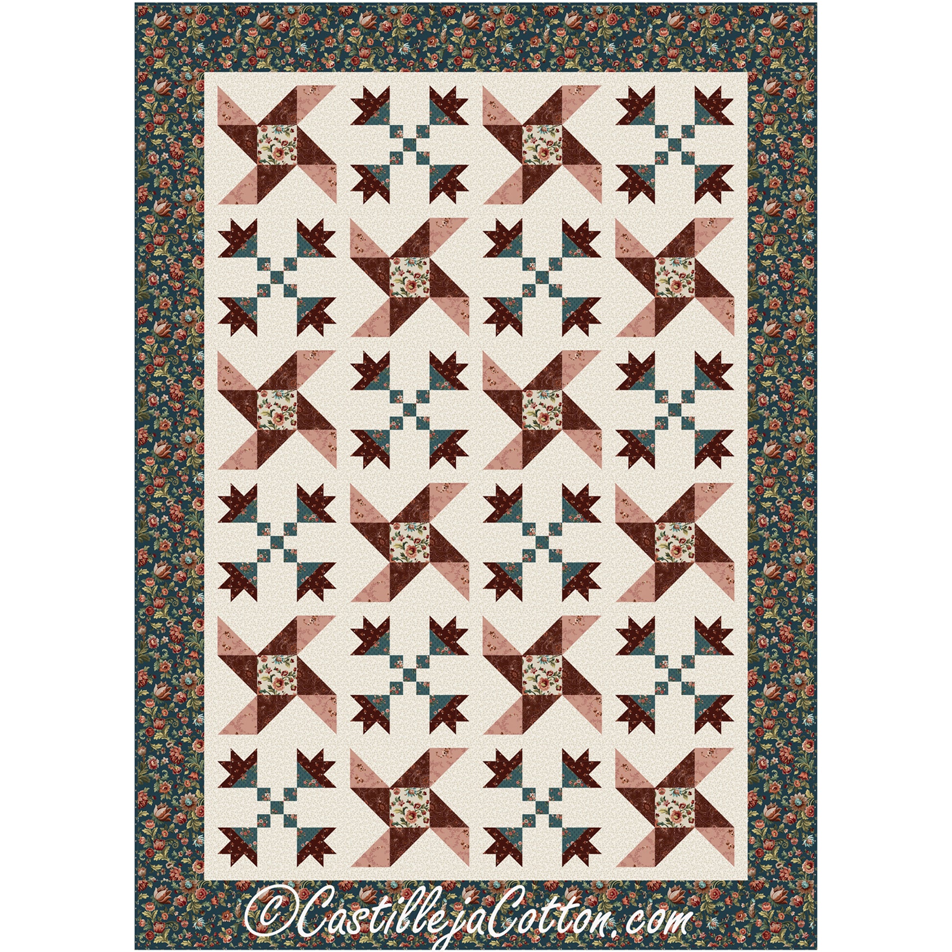 Beautiful quilt in mostly brown and pink with denim blue and cream with a flowers and pinwheel design.