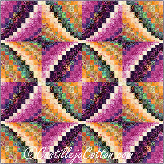 A vibrant quilt showcasing a colorful design, adding warmth and beauty to any space. Colors: purple, orange. In a Bargello design.