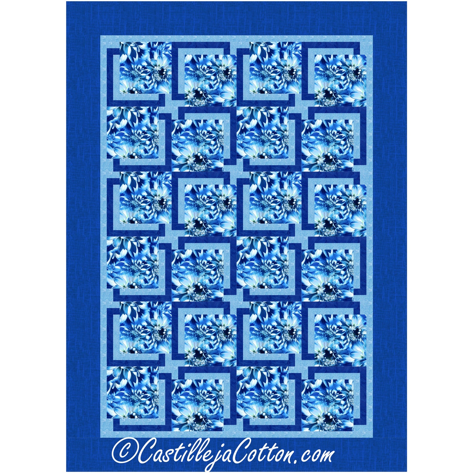 A stunning quilt featuring a combination of blue and white colors, embellished with lovely blue and white flowers.