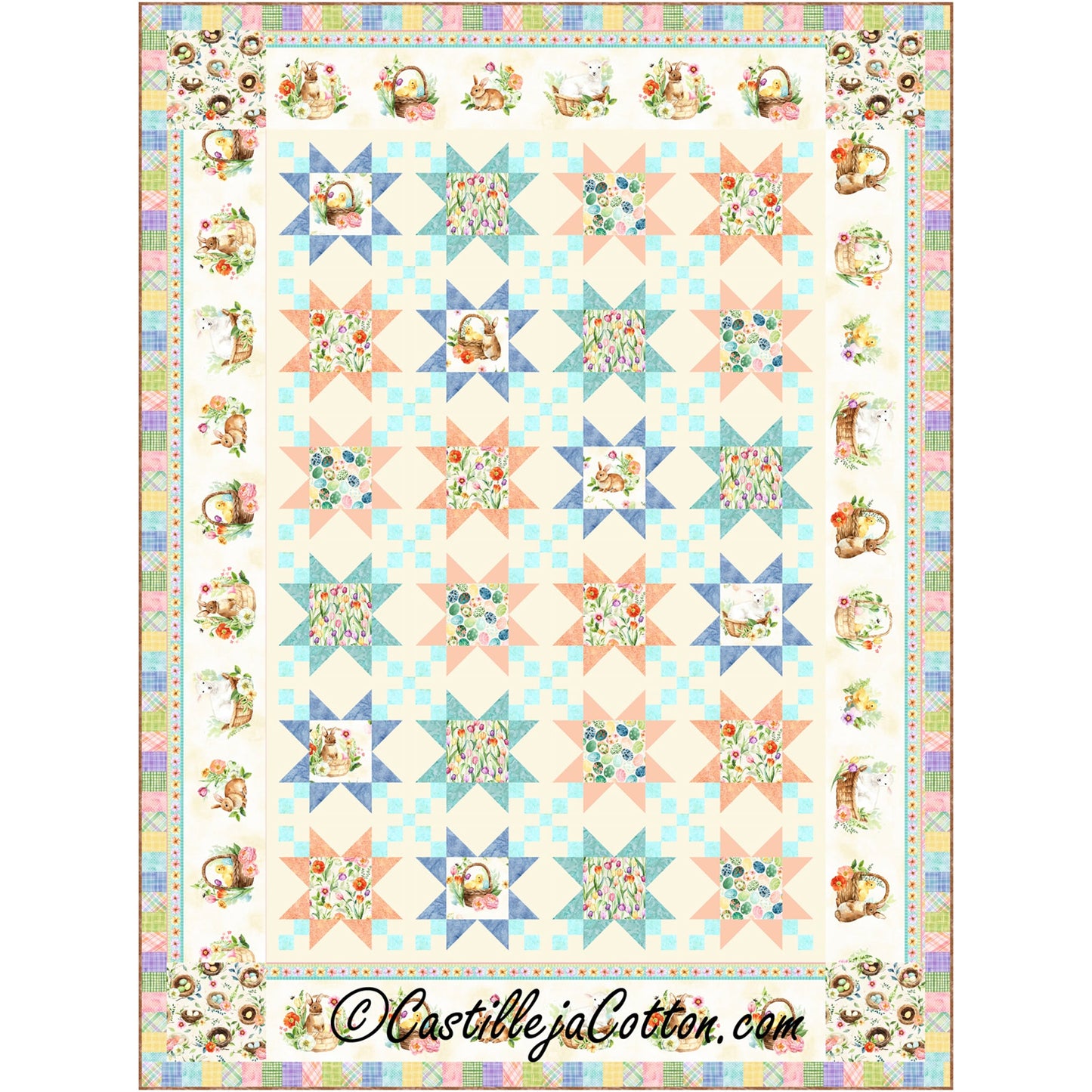 Star quilt pattern using Easter and spring fabric and border of additional Easter and spring fabric. In lovely pastels.