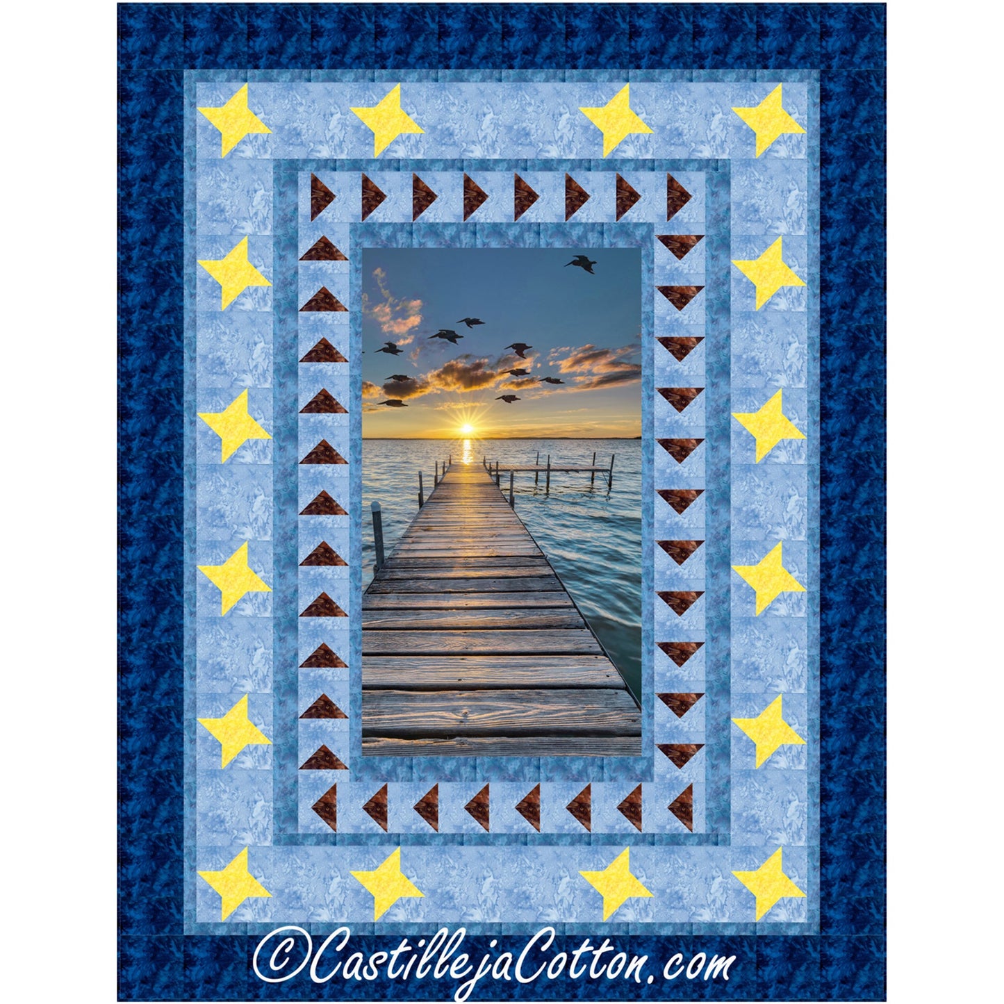 Beautiful quilt showcases a pier at sunset or sunrise. It is framed two borders: one is flying geese quilt design of triangles and the other is stars. Shown in shades of blue make it extra tranquil looking.