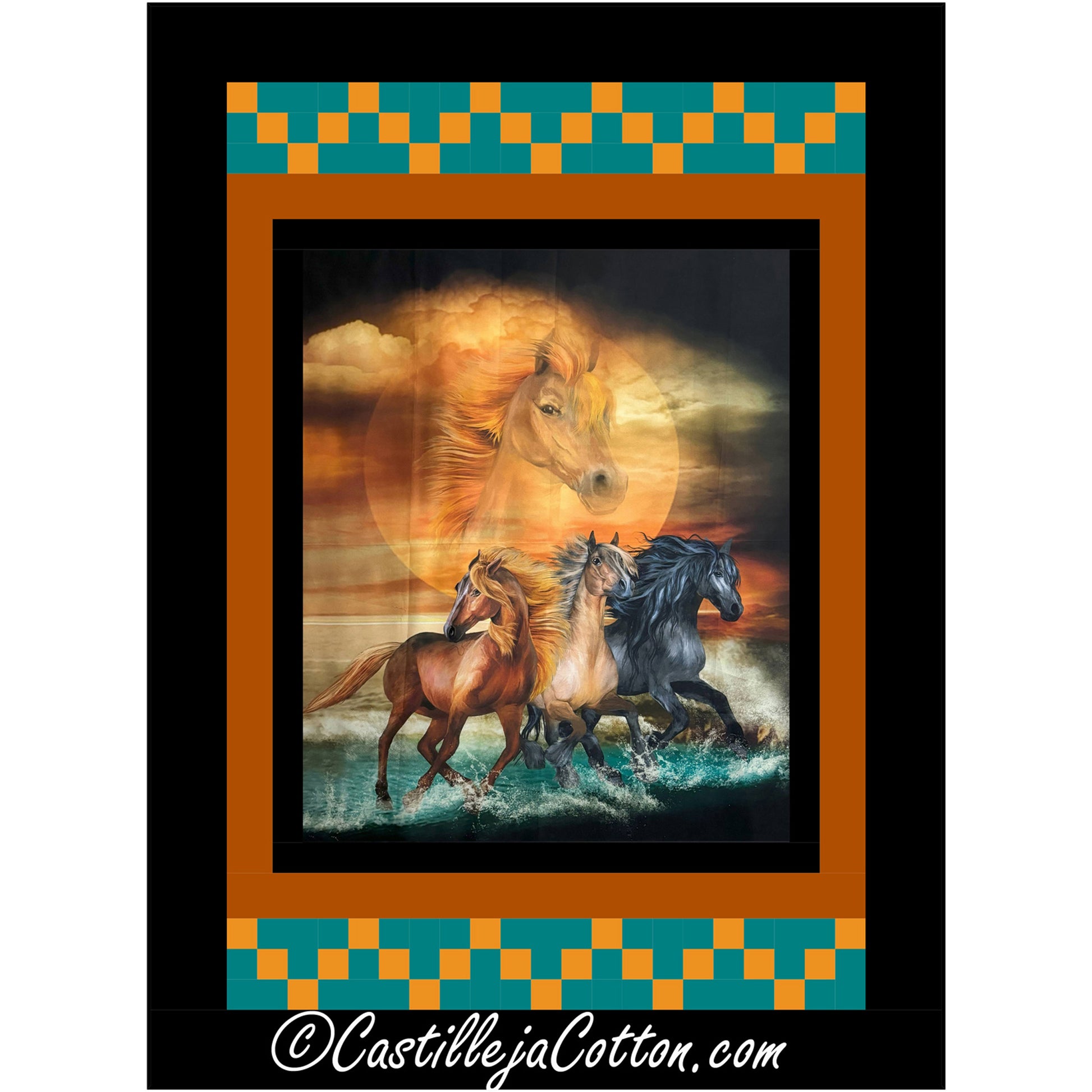 Charming quilt showcases three horses galloping in the ocean with a sun in the background with another horse head. Simple border helps the image of the panel pop.