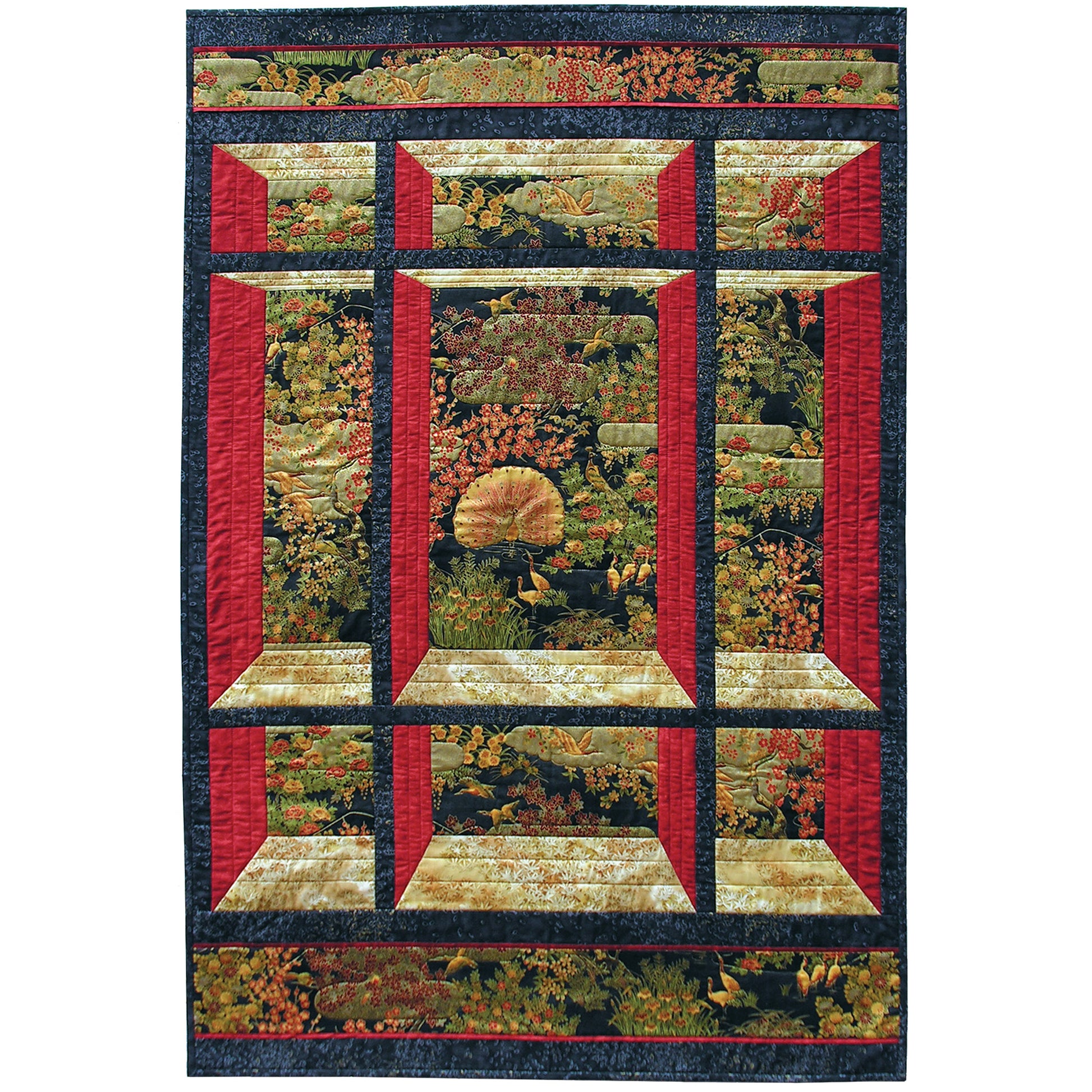 Quilt featuring a window design showing a Asian themed garden scene. Pattern designed for pre-printed panels or large scale fabrics.