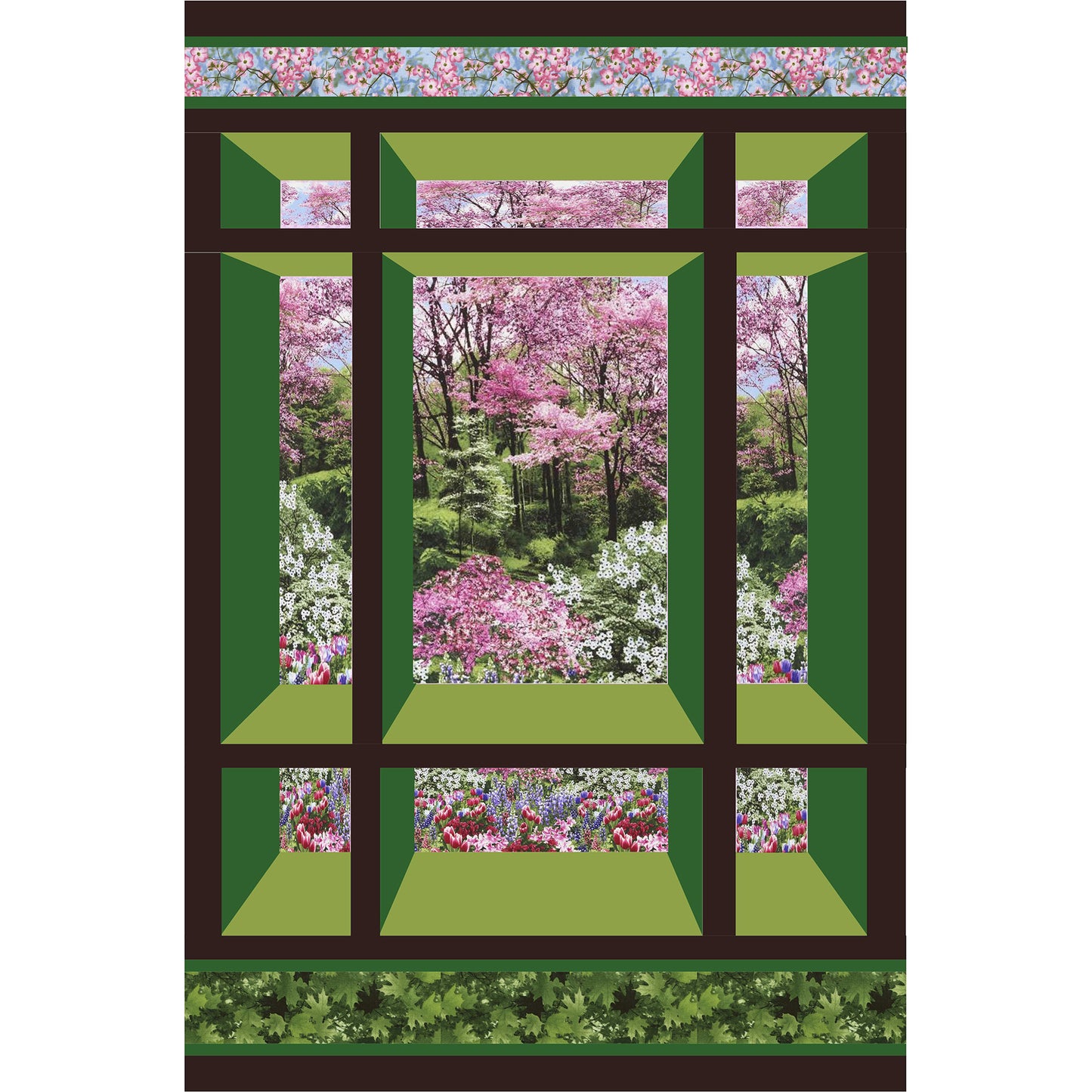 Quilt featuring a window design and a spring garden scene. Pattern designed for pre-printed panels or large scale fabrics.