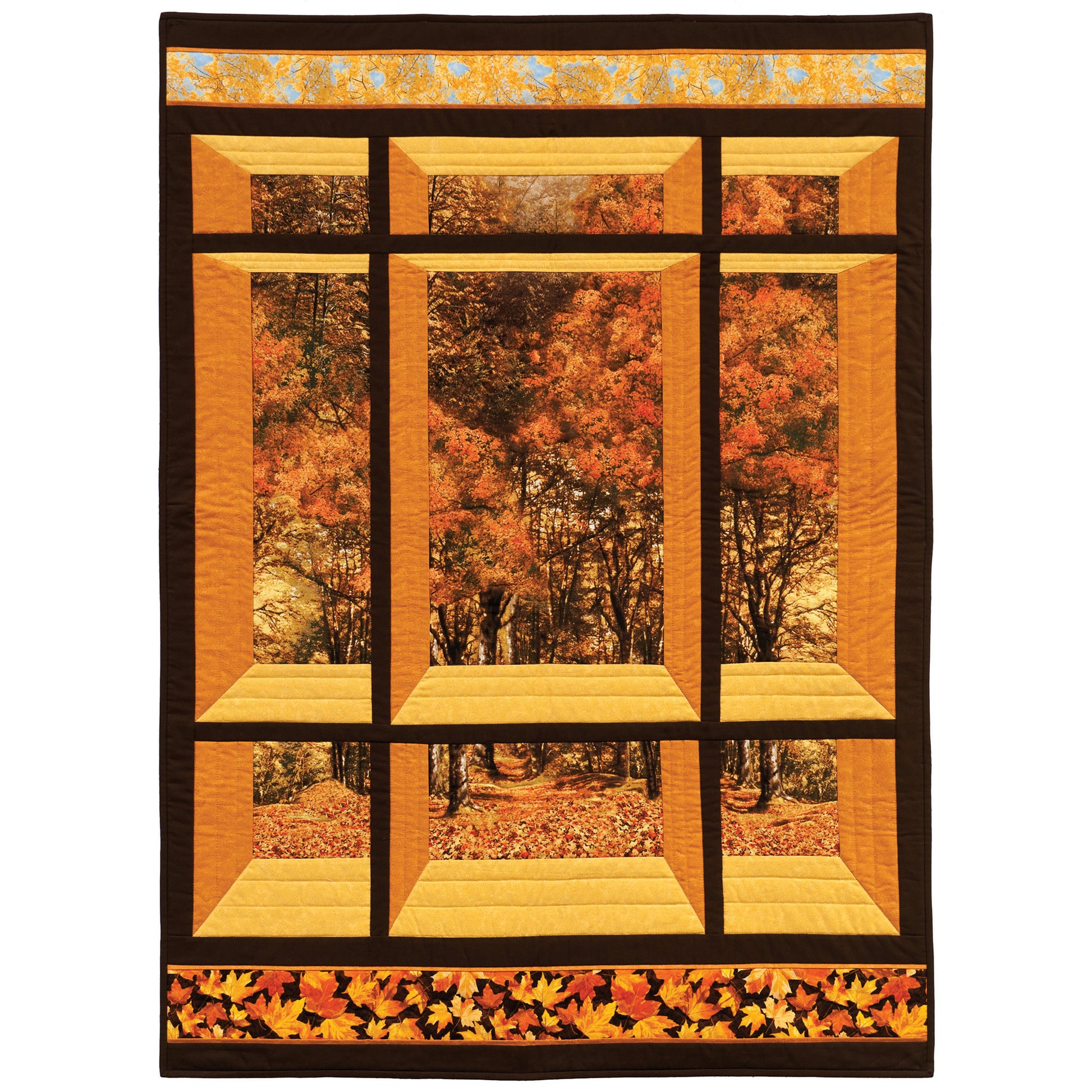 Quilt featuring a window design with a fall woods scene. Pattern  designed for pre-printed panels or large scale fabrics.