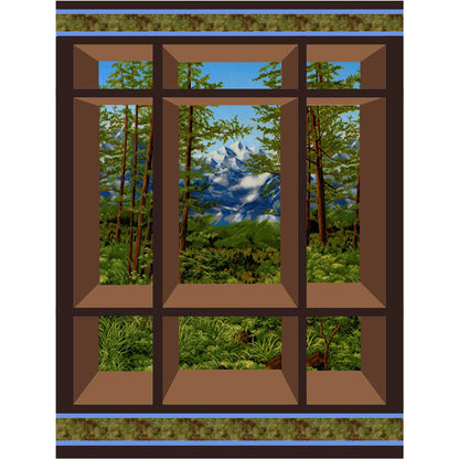 Quilt featuring a window design with a mountain scene. Pattern designed for pre-printed panels or large scale fabrics.