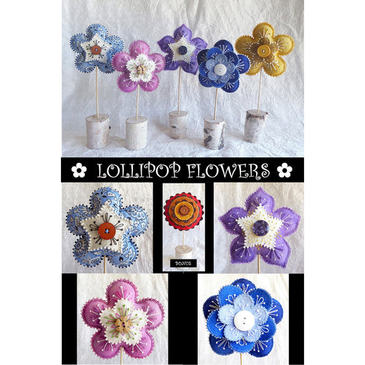 Colorful felt flowers with lollipop stick; perfect for decorating your home, for a party or a gift.
