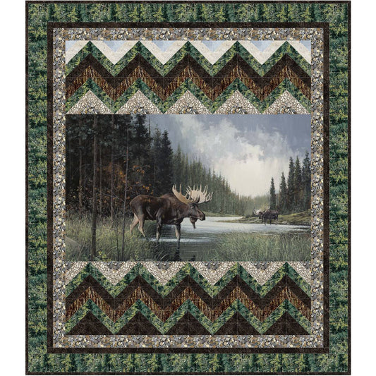 Moose in the woods quilt featuring a majestic moose surrounded by trees and nature-themed patterns, ideal for hunters and those who love the outdoors.