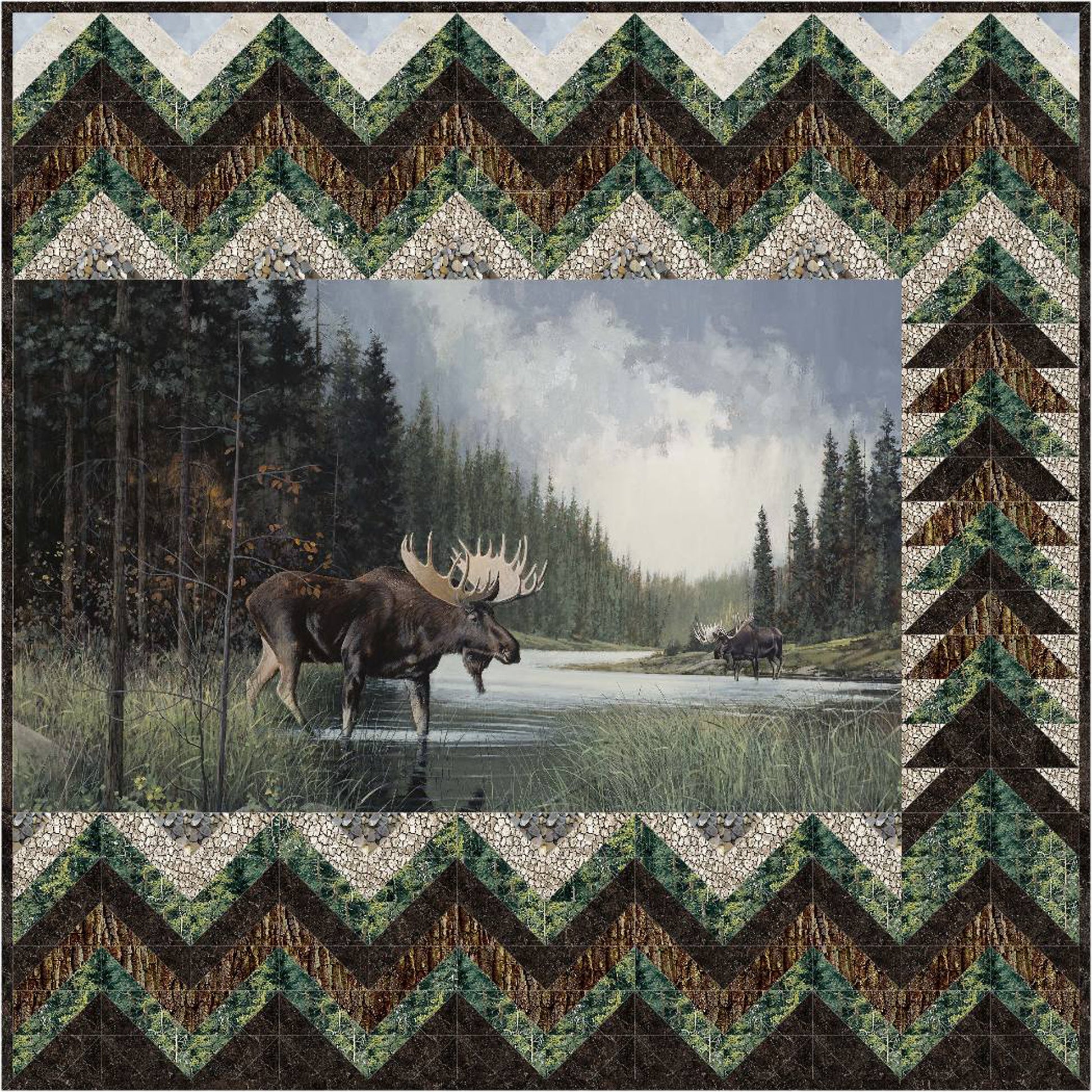 Moose in the woods quilt featuring a majestic moose surrounded by trees and nature-themed patterns, ideal for hunters and those who love the outdoors.
