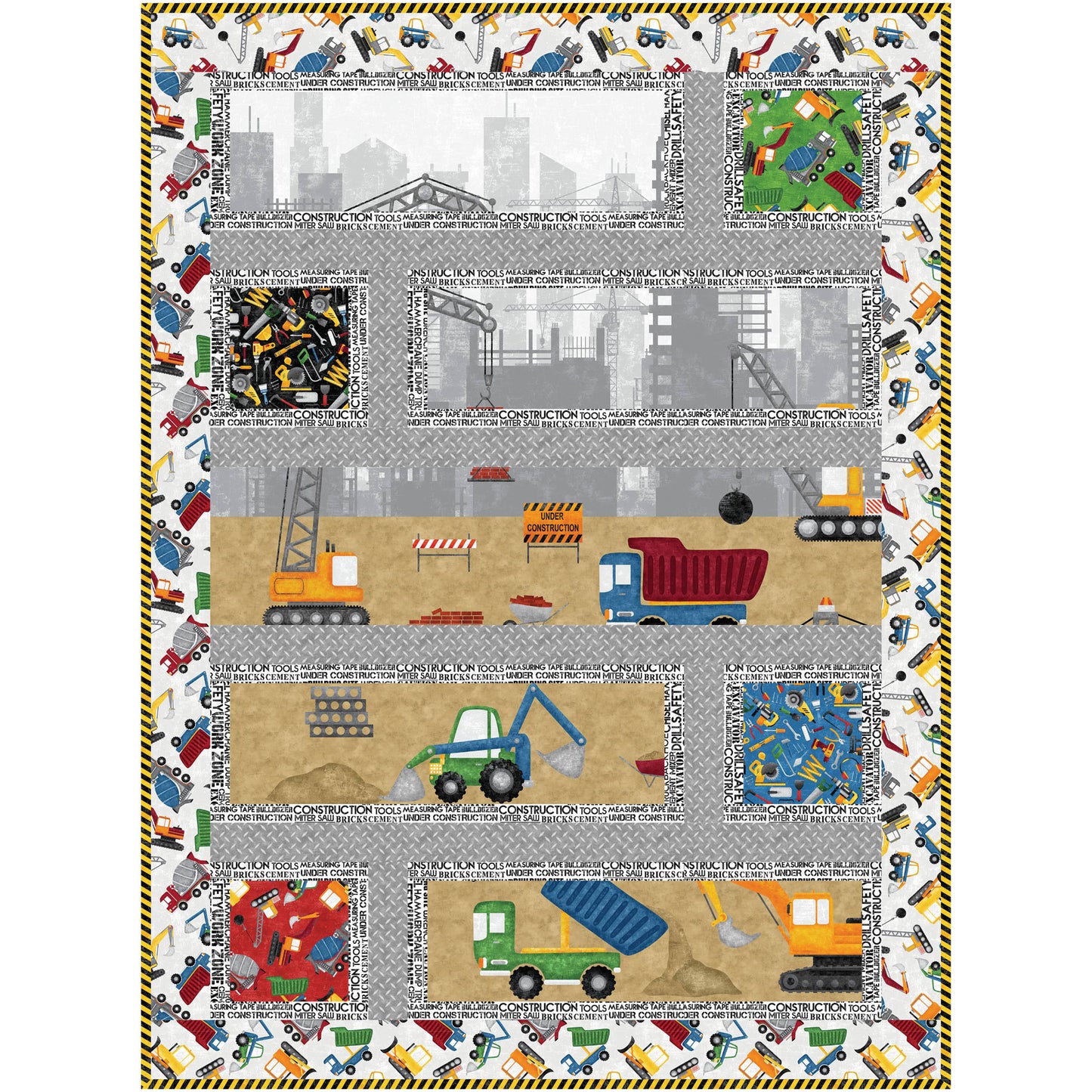 Colorful quilt featuring construction vehicles and trucks that is made from a panel cut up to give it a fun feel.