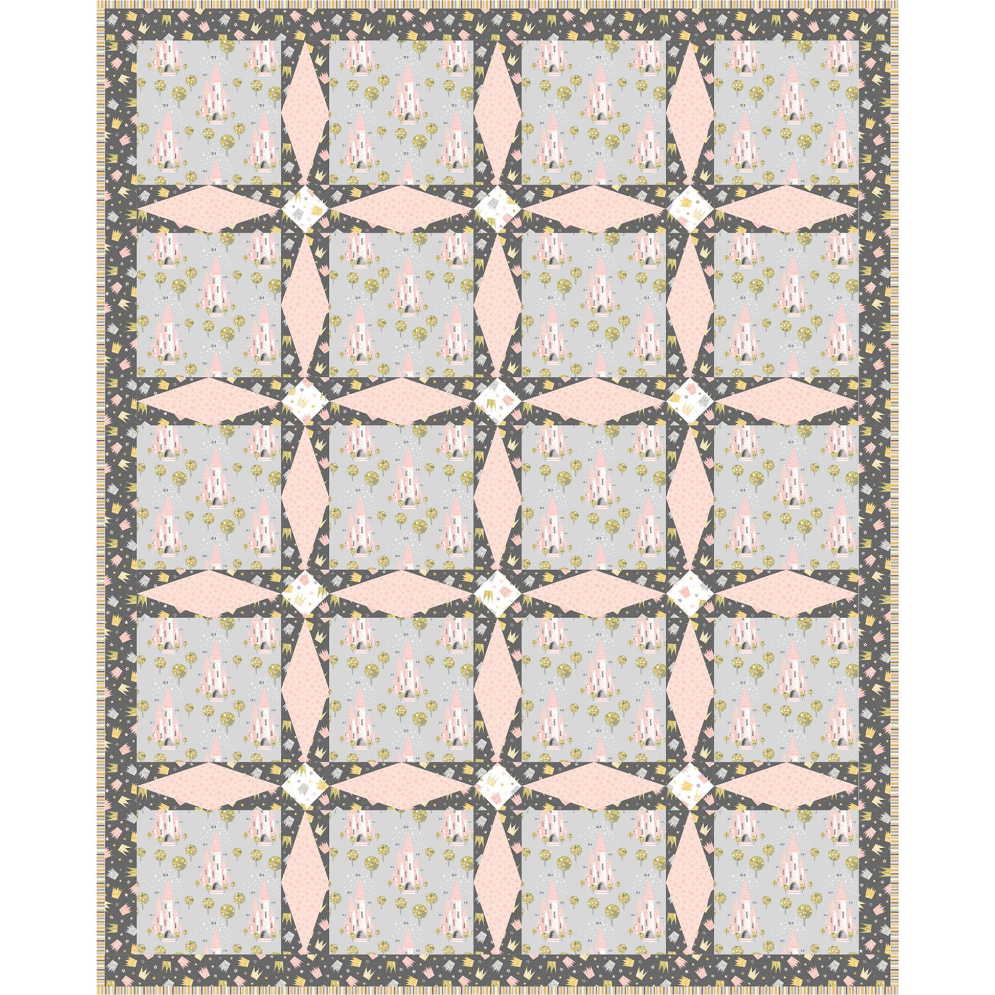A quilt with alternating pink and gray squares, showcasing a beautiful blend of colors and patterns.