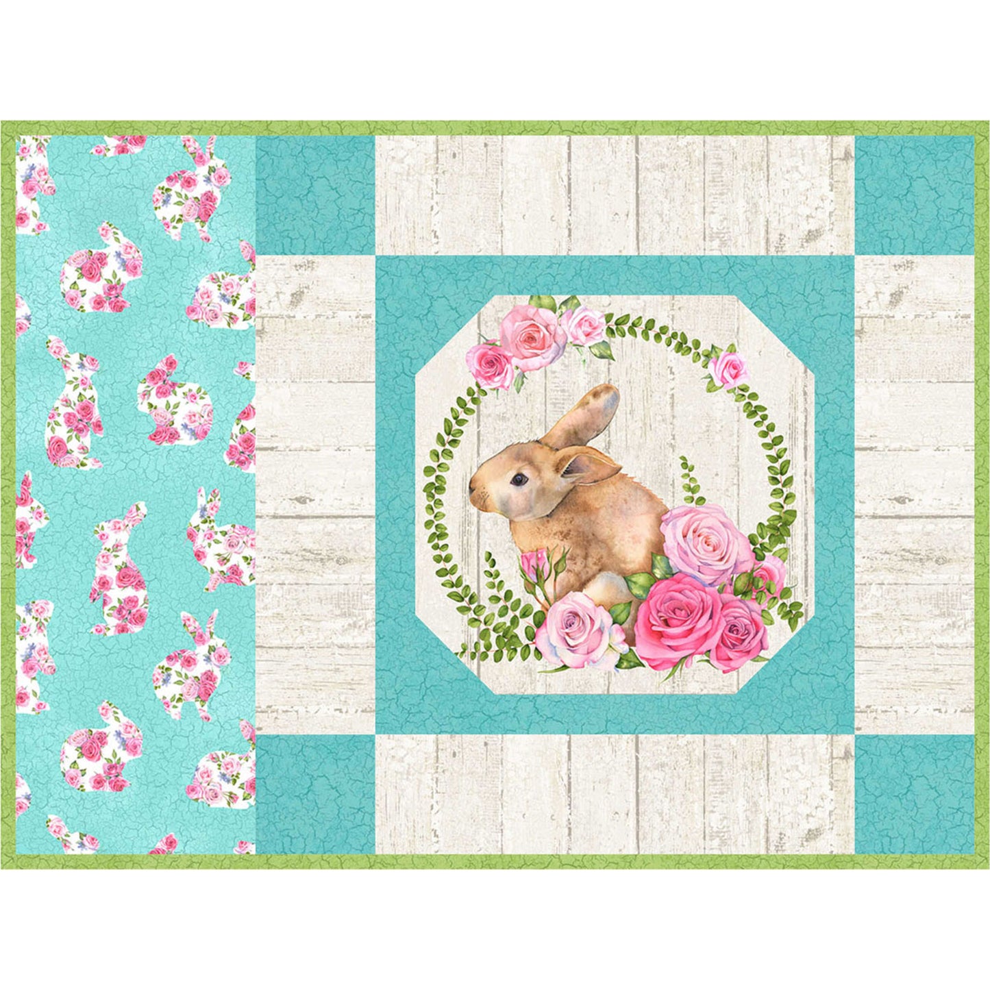 Turquoise and white placemat with bunny and flowers design.