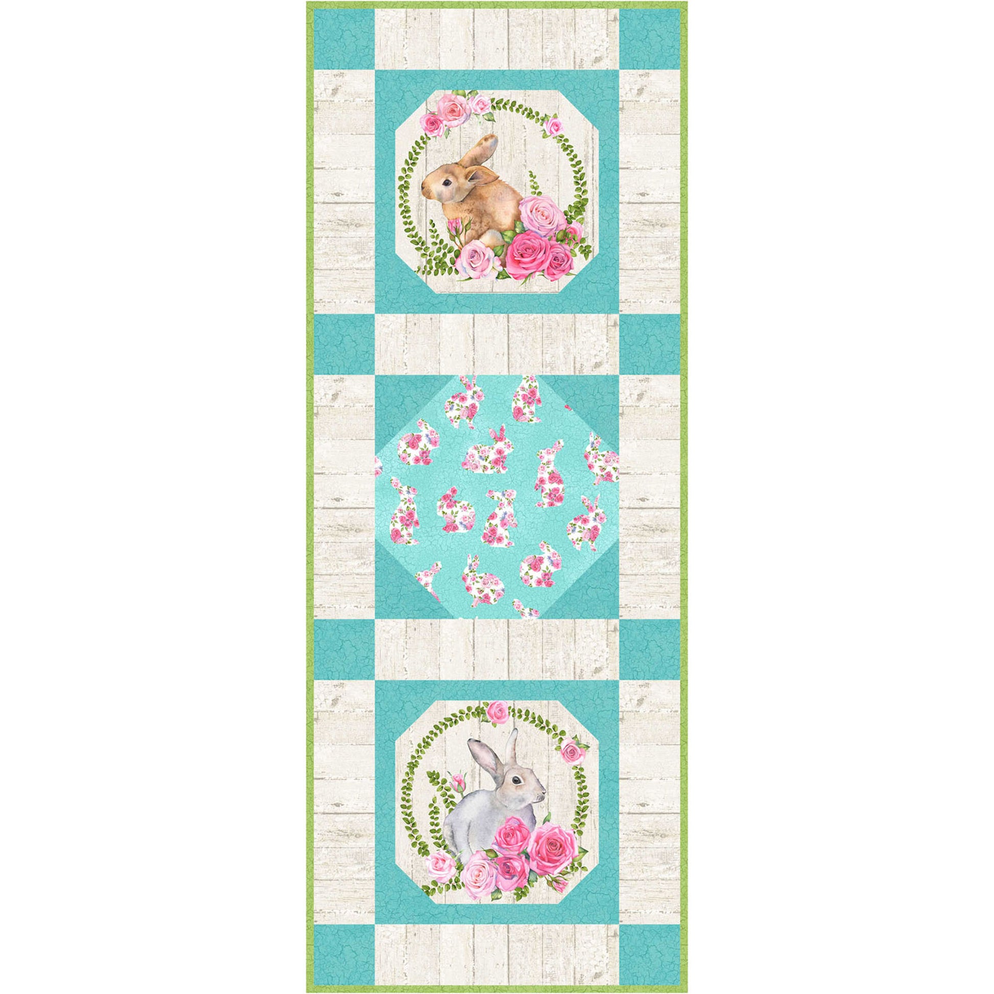 Turquoise and white quilted table runner with bunny and flowers design.