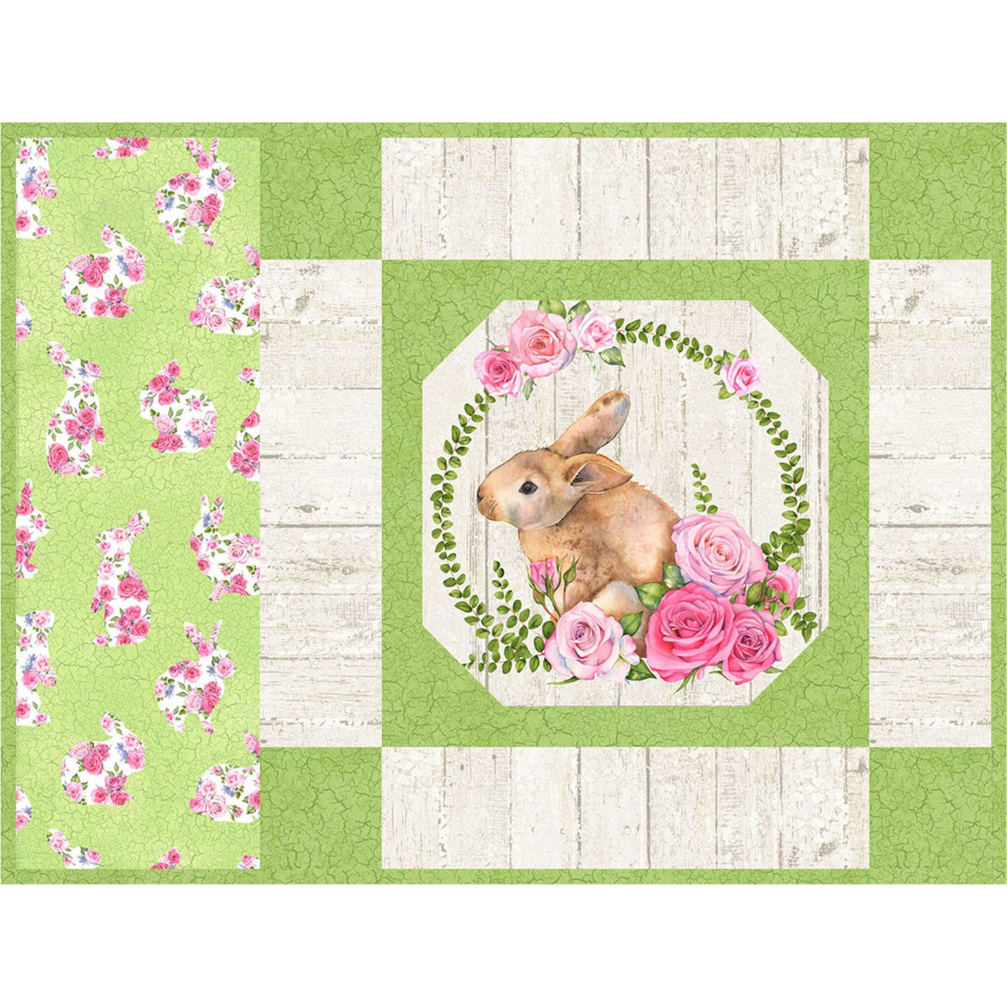 Green and white placemat with bunny and flowers design.