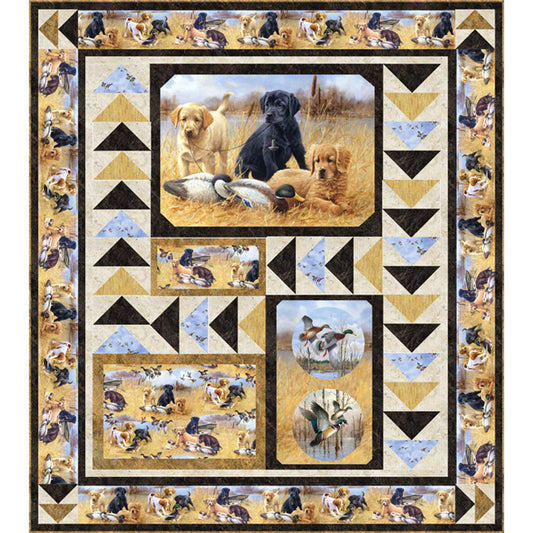 A charming quilt showcasing adorable hunting dogs with their ducks perfect for any hunter or sportsman. Panel is cut up with quilt flying geese design.