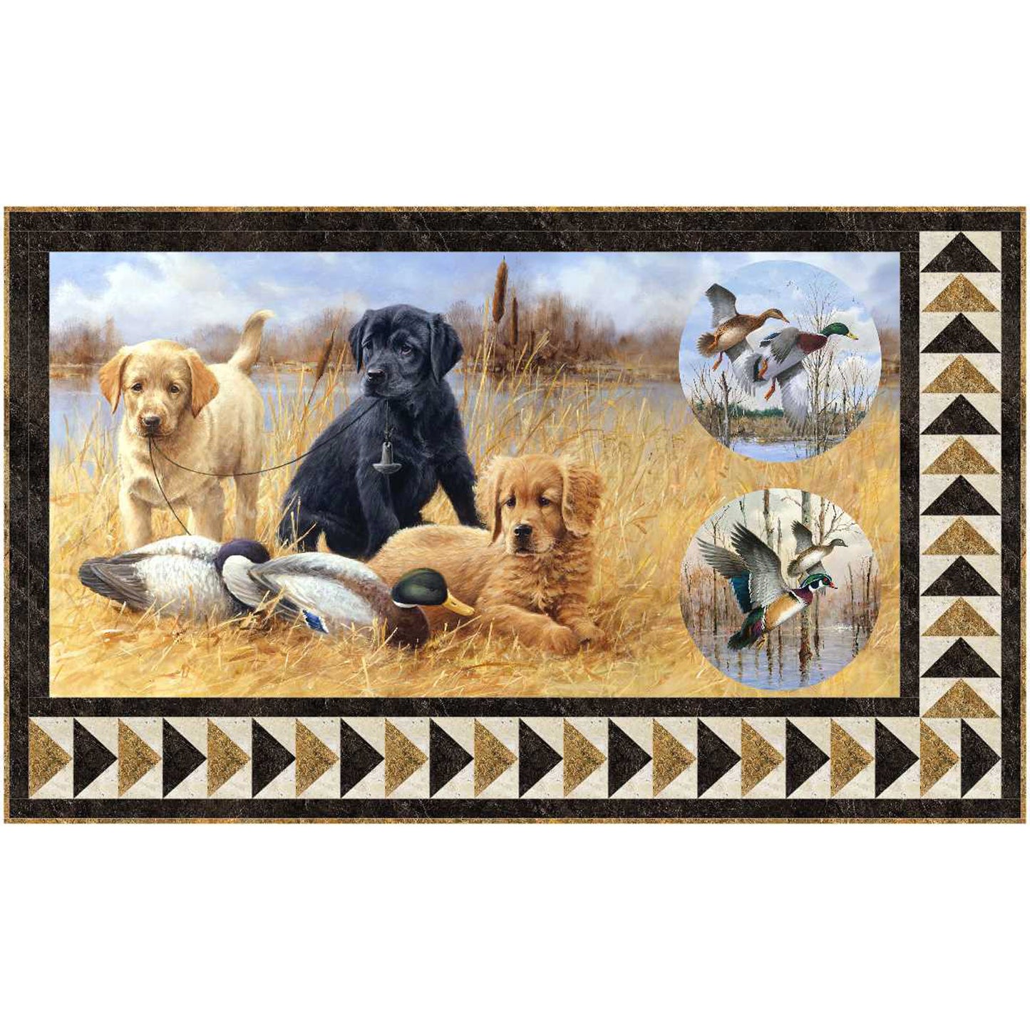 A charming quilt showcasing adorable hunting dogs with their ducks perfect for any hunter or sportsman. Perfect wall hanging size has quilt flying geese on bottom and right side of panel.