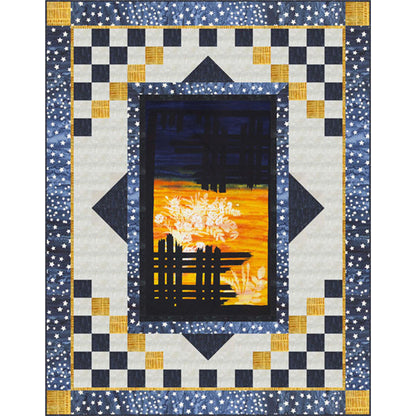A quilt showcasing a blue and yellow background with a sunset and fence panel as the main focus, adding warmth and vibrancy to the overall design.