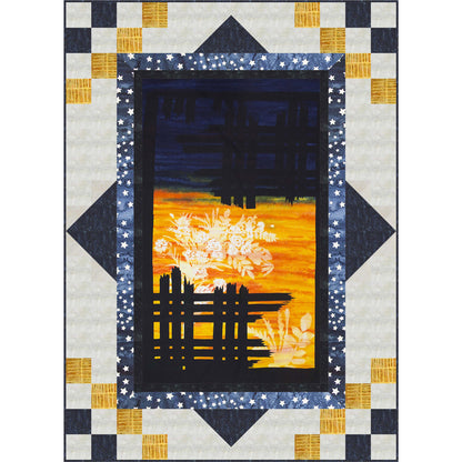 A quilted wall hanging showcasing a blue and yellow background with a sunset and fence panel as the main focus, adding warmth and vibrancy to the overall design.