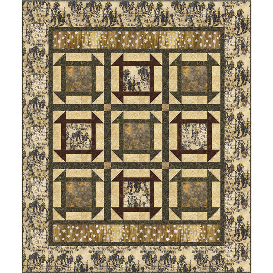 Rustic brown and tan colored quilt with square design with triangles sticking out on each corner (heard of them as greek squares) that could be considered corals with some horses fabric in the middle of some of the blocks. Bordered with running horses fabric.