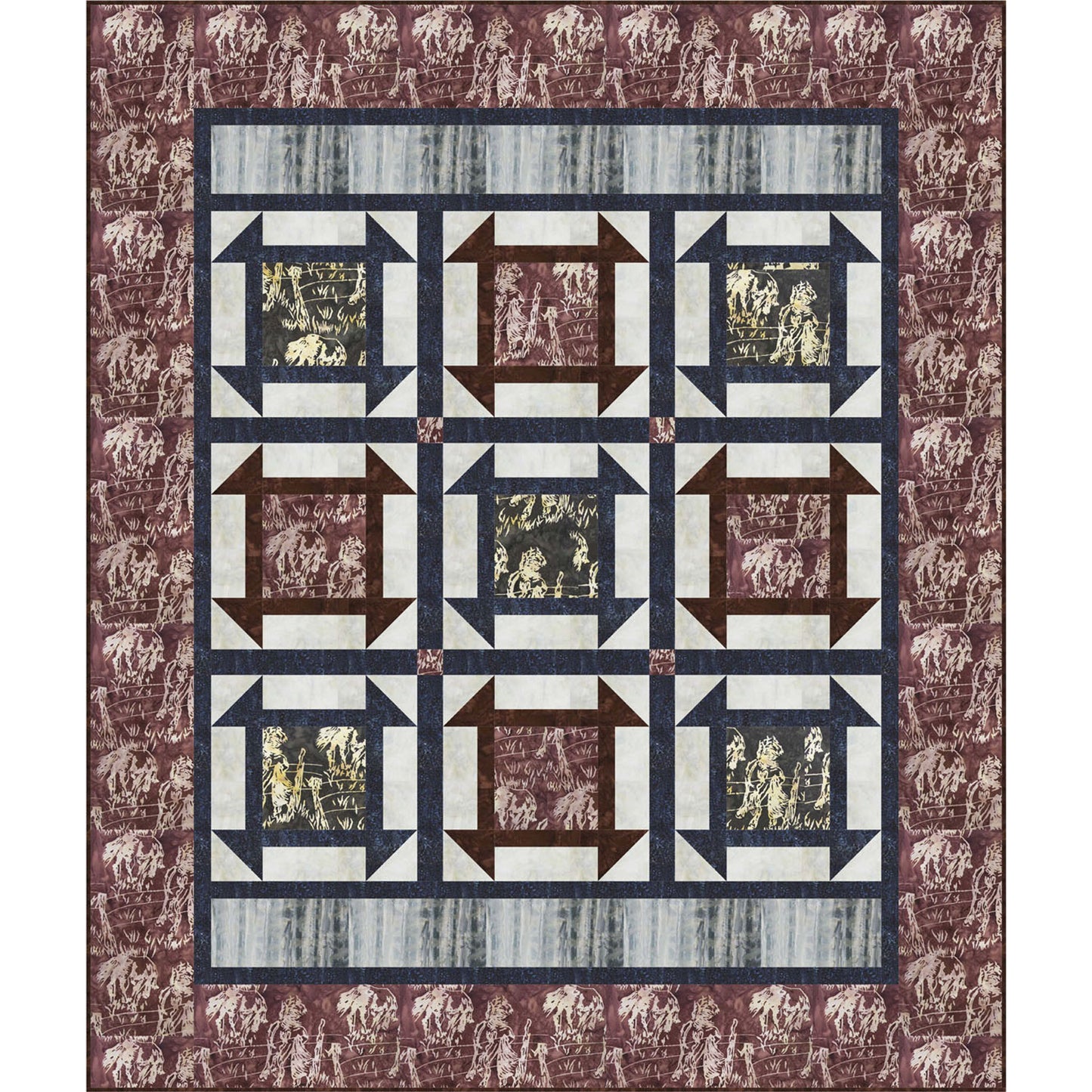 Patriotric red, blue, and white colored quilt with squre design with diamonds at the corners, sometimes called Greek squares.